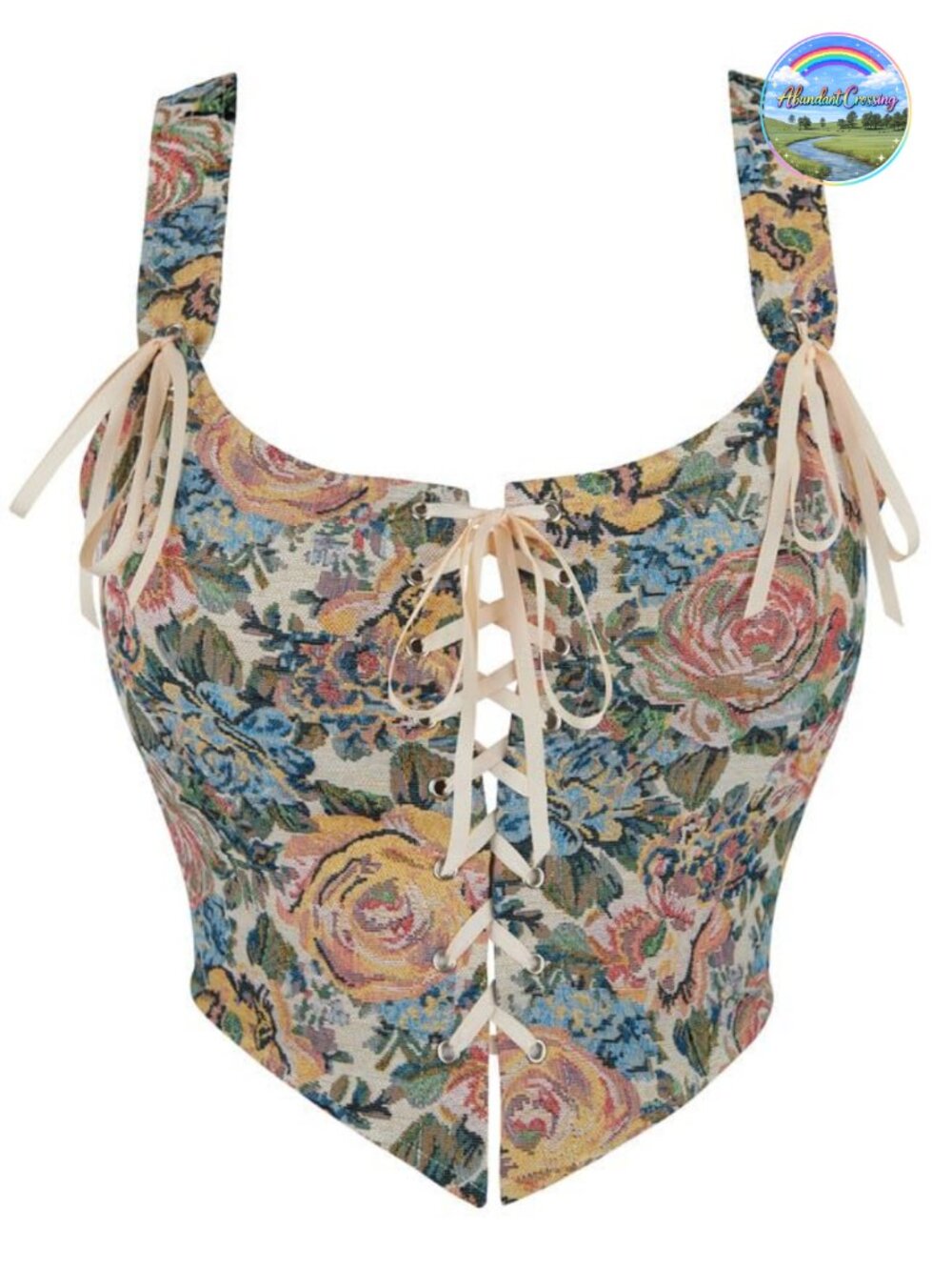 Women Floral Lace Up Tie Front Corset Bustier Vintage Jacquard Cropped Top